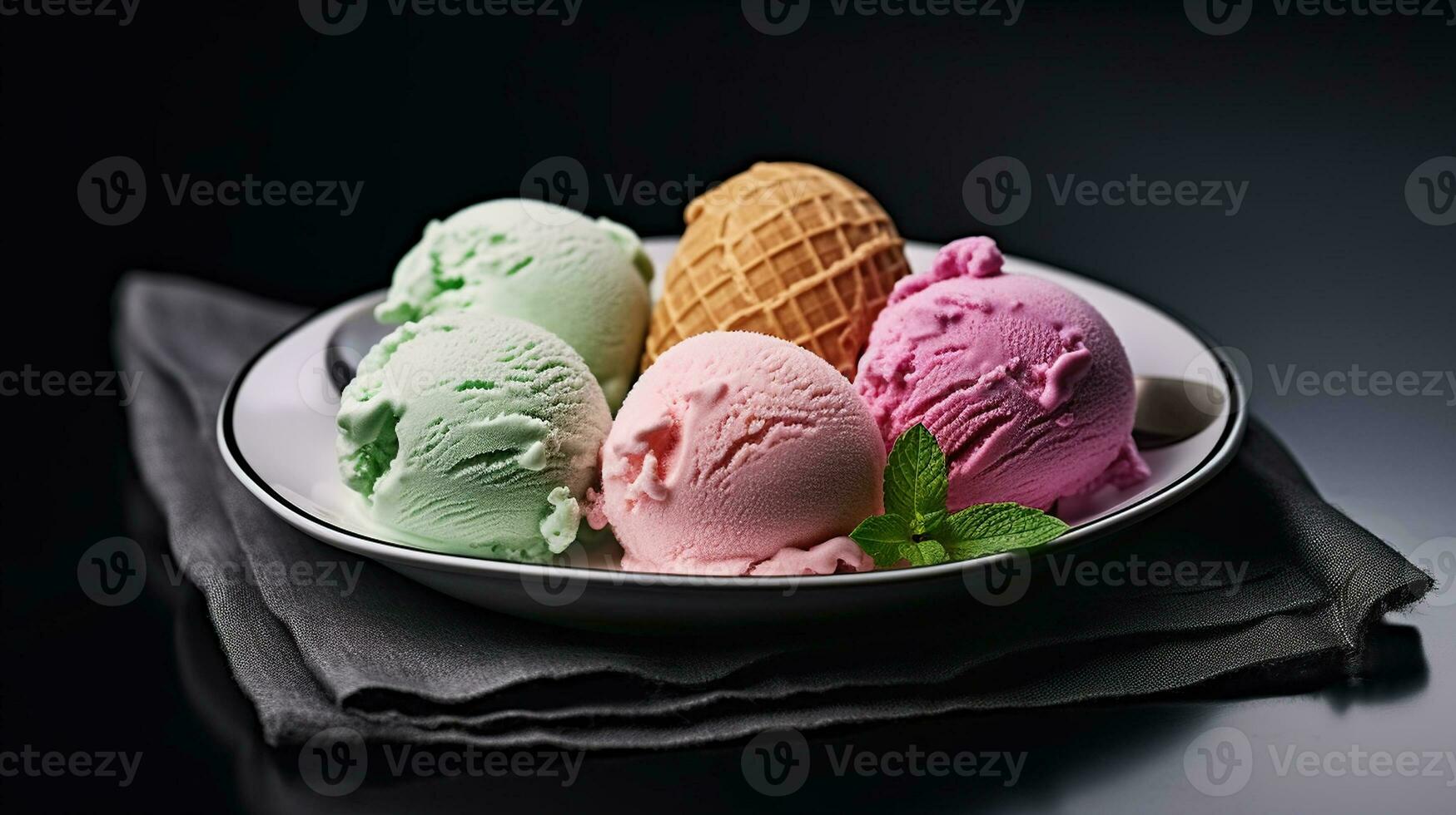 Ice cream on dark plate. Generative AI photo