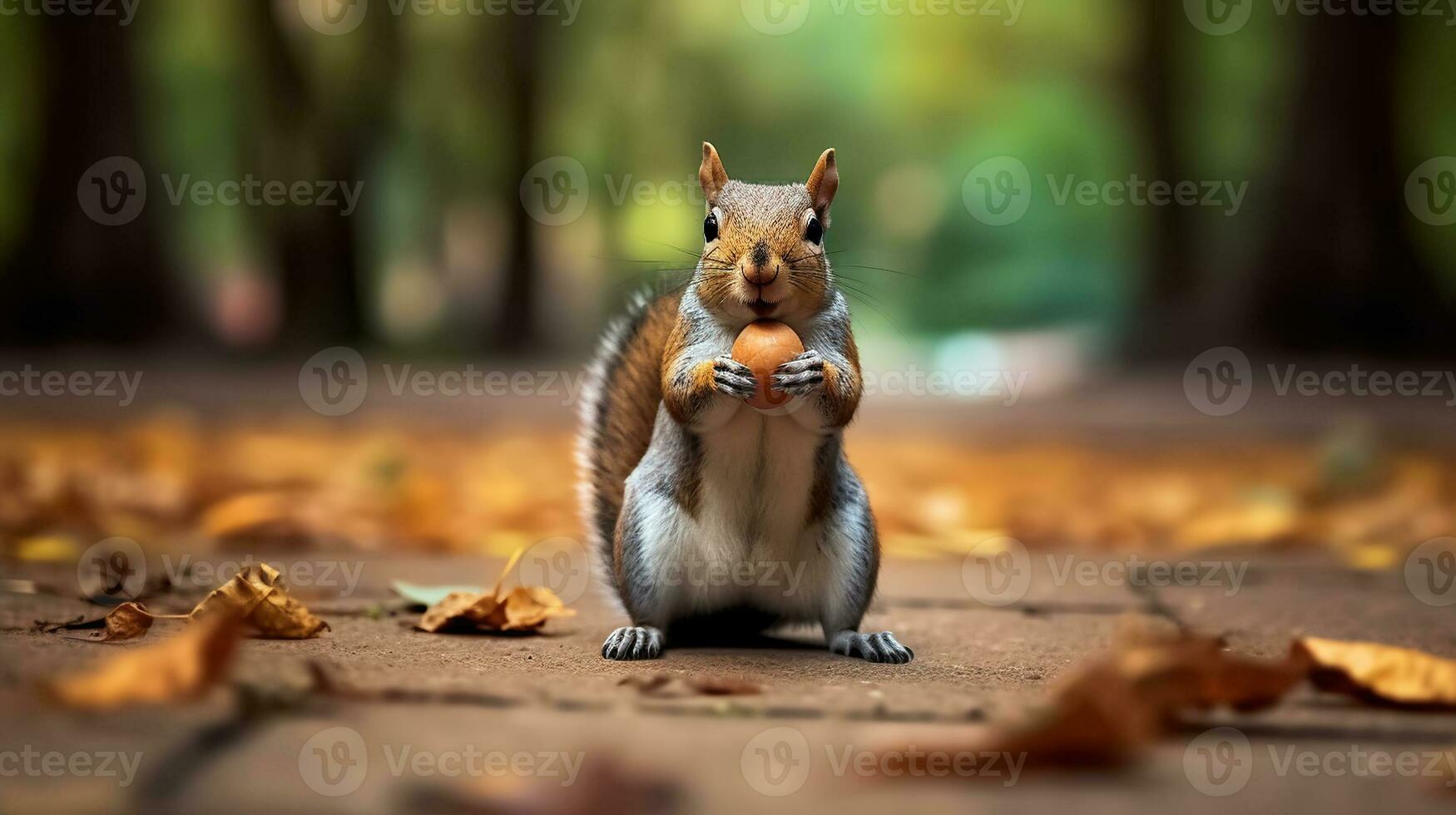 un ardilla es participación un nuez en sus boca mientras en pie en sus posterior piernas en el suelo en frente de un árbol y hojas en el suelo, generativo ai foto