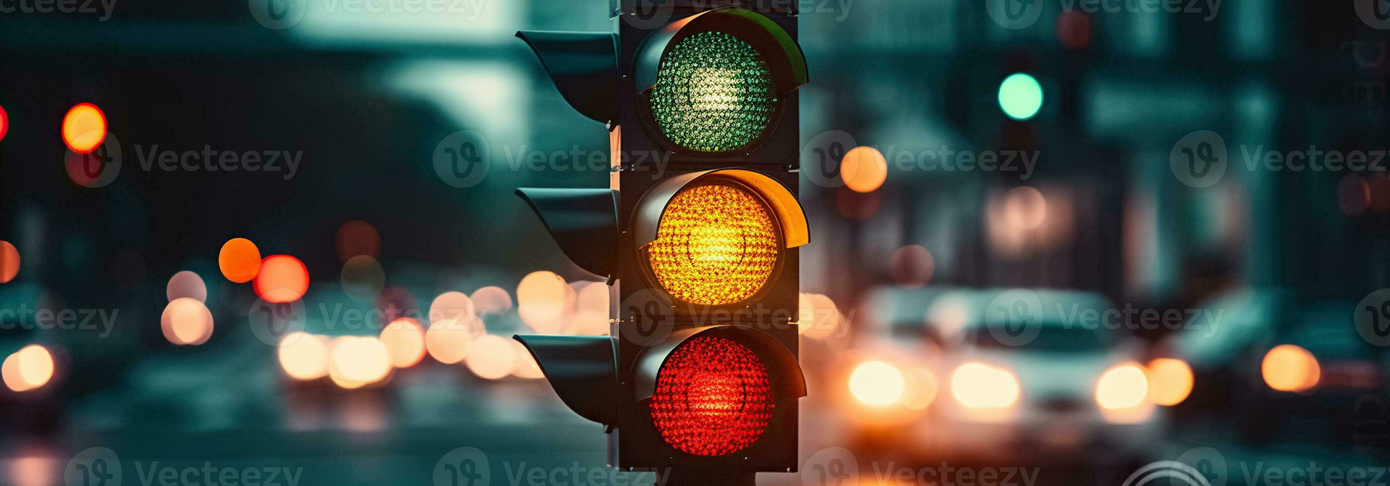 A traffic light at a street crossroads with a beautiful bokeh city and cars in the background. Generative AI photo