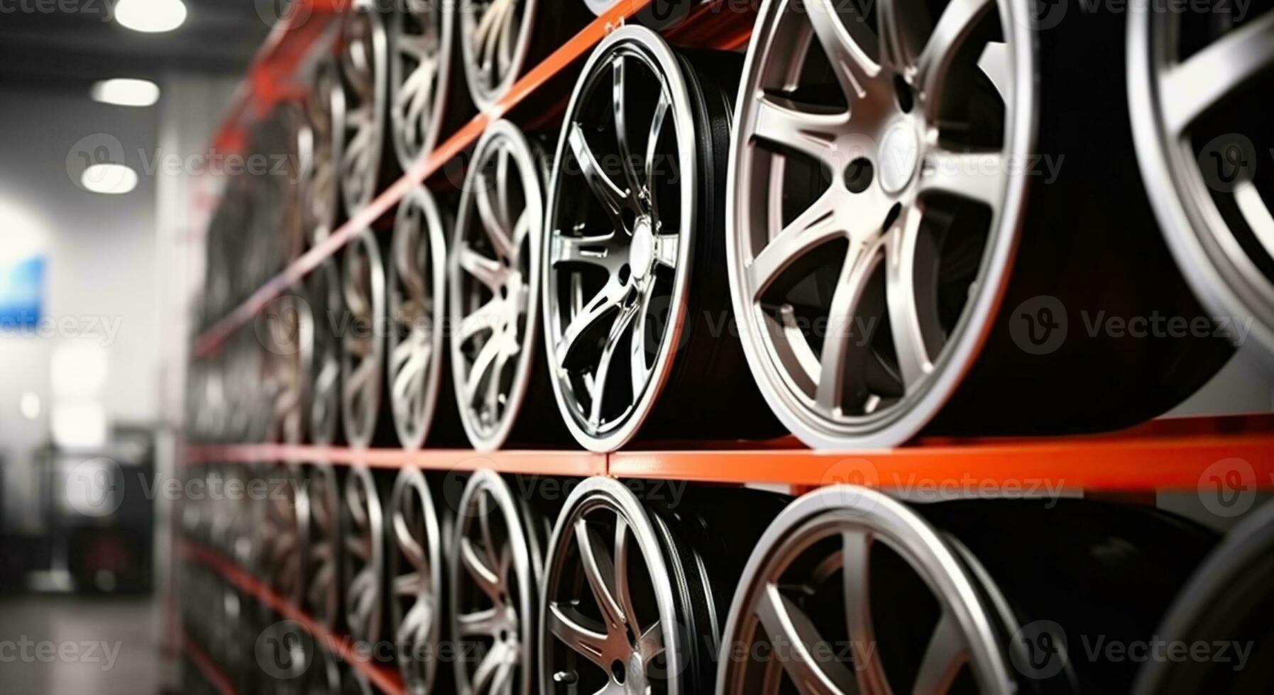 Stand with alloy wheels in modern tire store. Generative AI photo
