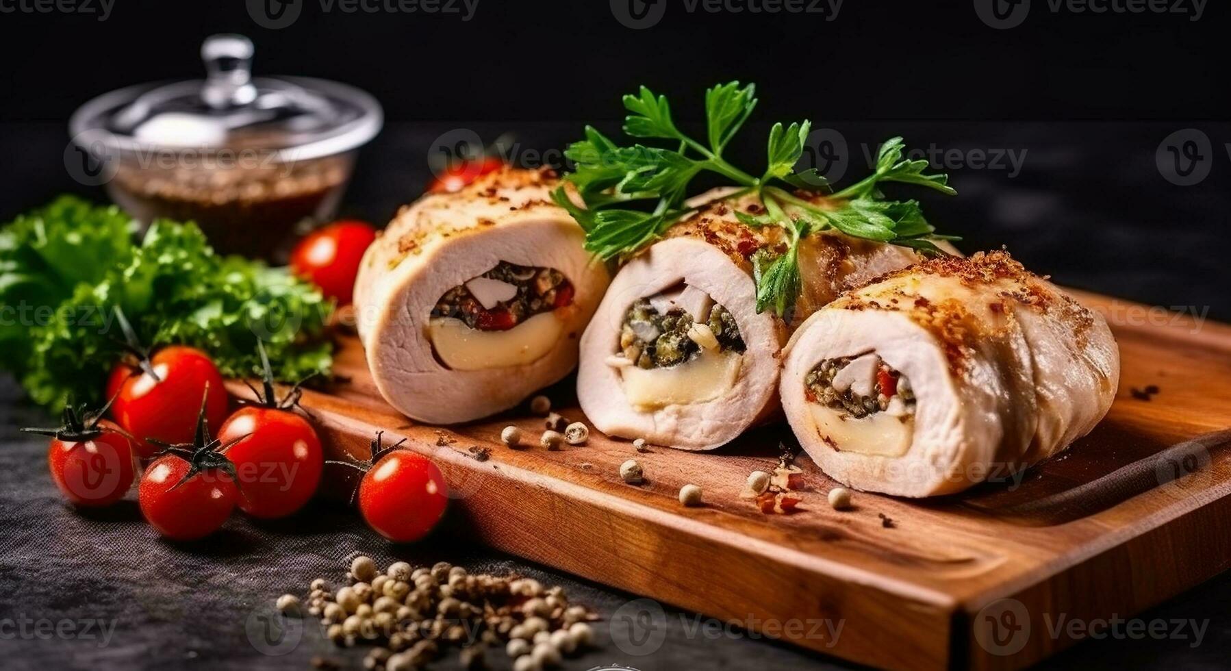 Delicious healthy dish cooked at home, fresh meat roll made from chicken fillet, mushrooms, spices and herbs. Generative AI photo