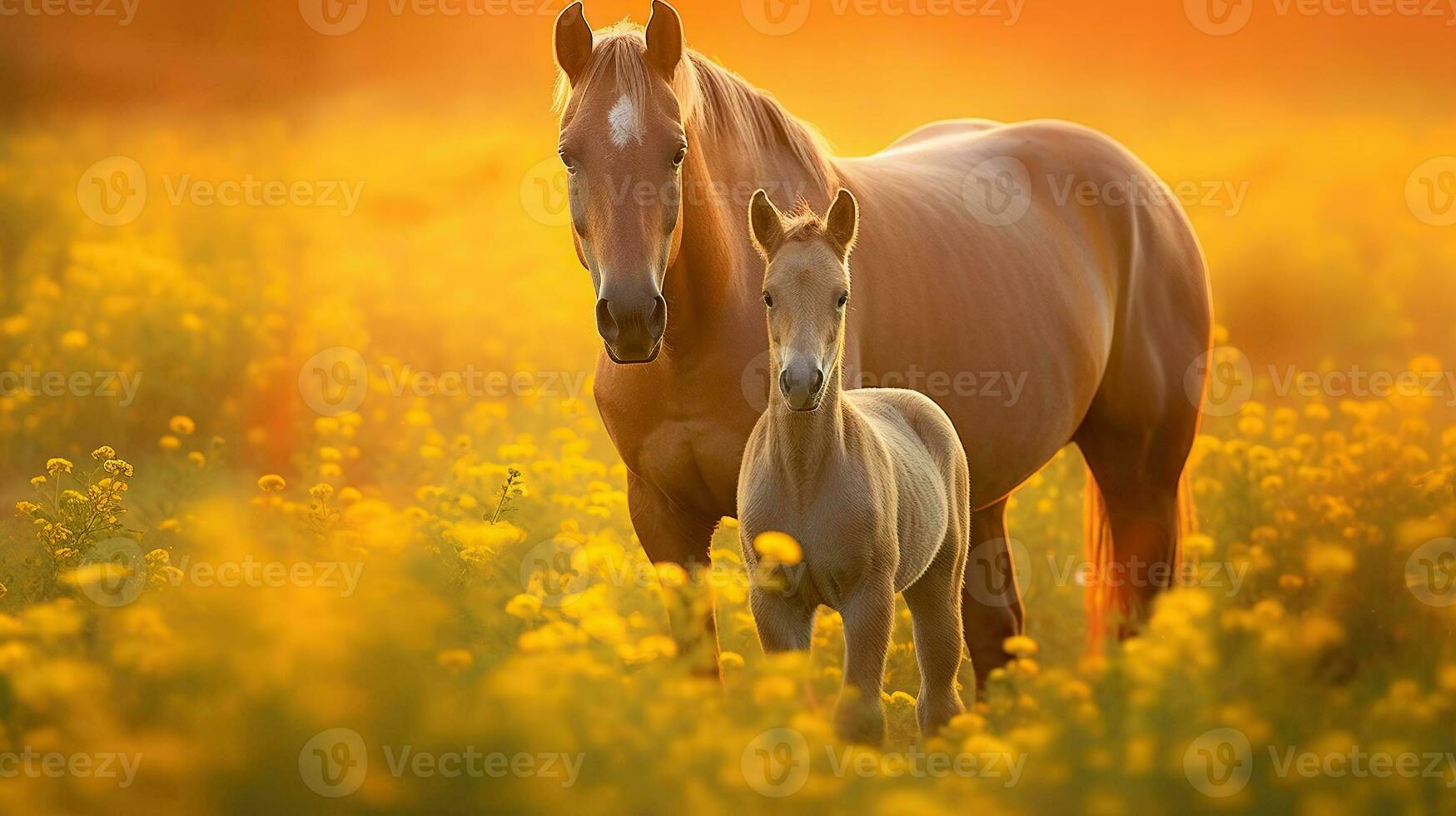 Mother and foal standing in a field of yellow flowers, in the style of beautiful, light red and light amber, Generative AI photo