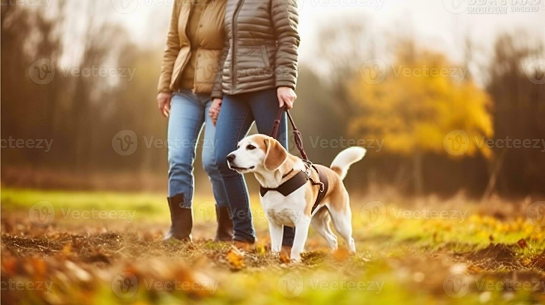 Senior couple with dog on a walk in an autumn nature. Generative AI photo