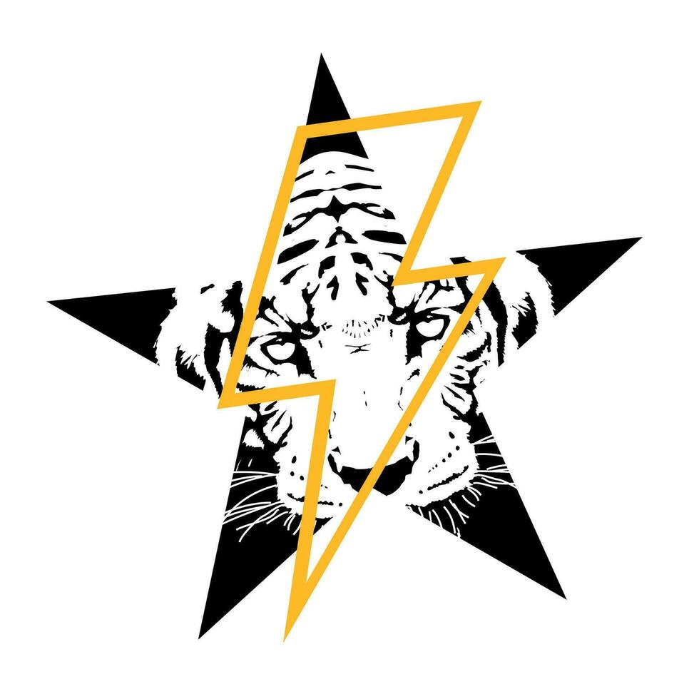 camiseta diseño de un estrella con el cabeza de un Tigre y el símbolo de rayo. vector ilustración acerca de en peligro de extinción animales
