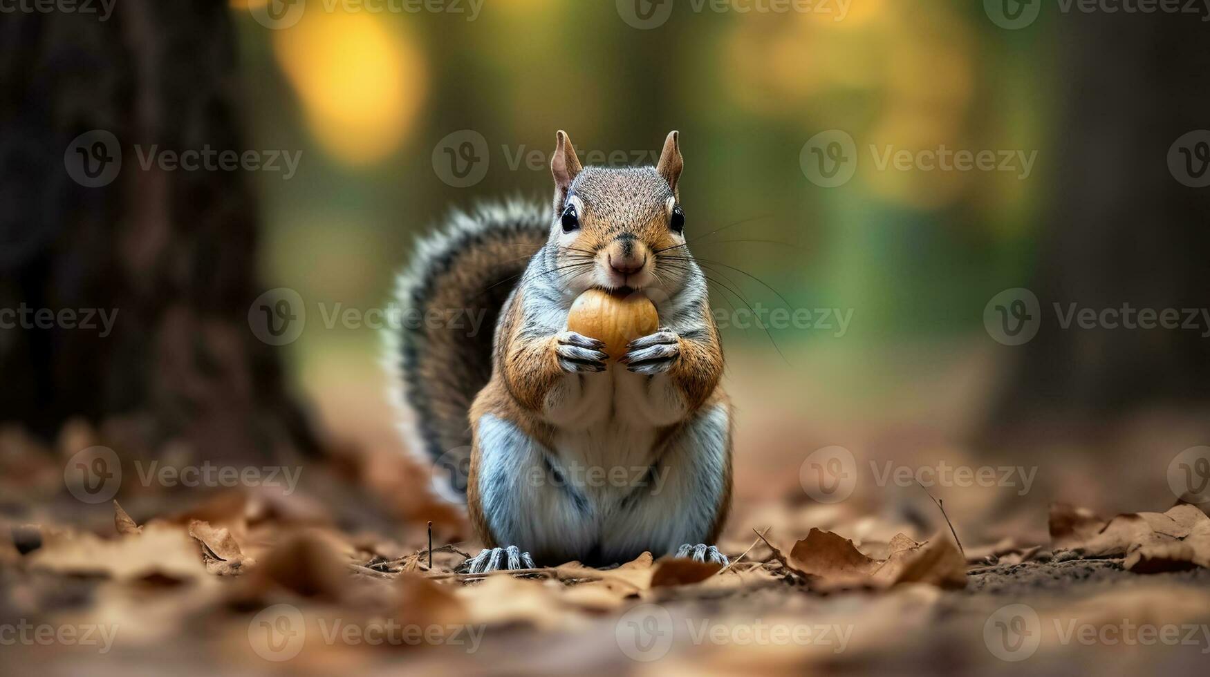 A Playful Encounter of a Squirrel, Standing Tall Amidst Fallen Leaves and Majestic Trees holding a nut in its mouth. Generative AI photo