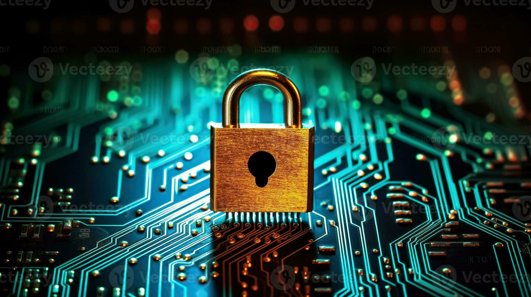 Secure digital system with a padlock on a glowing circuit board. Generative AI photo