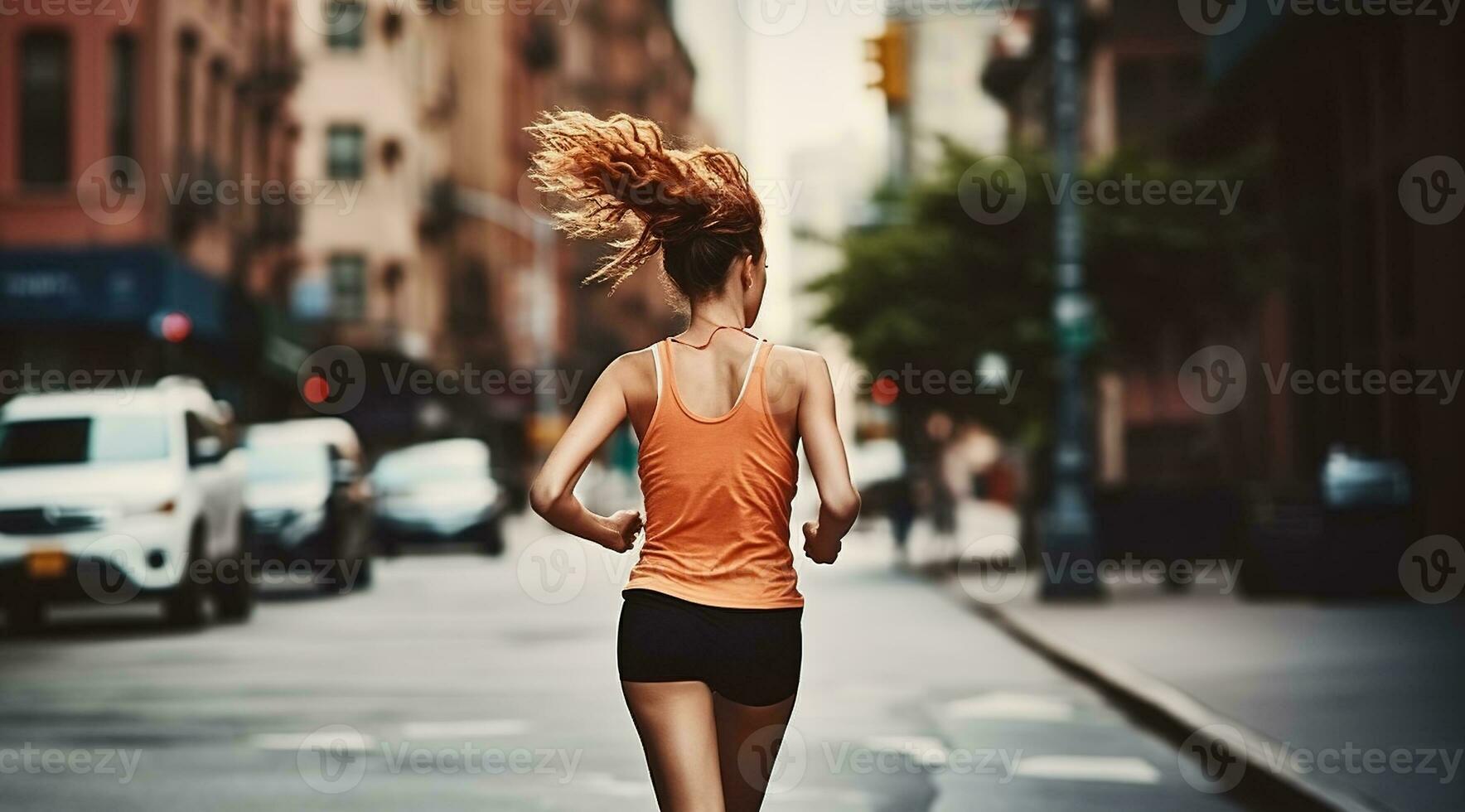 Morning Momentum, Woman's Energetic Run through the City Street at Sunrise. Generative AI photo