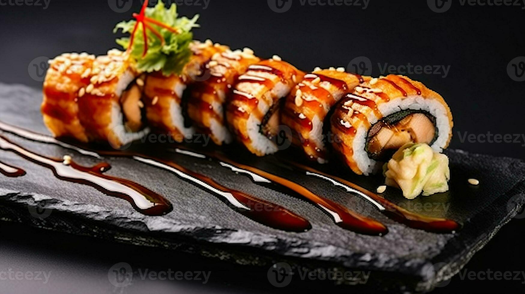 Canadian Roll Unveiling Grilled Eel on a Bed of Obsidian. Generative AI photo