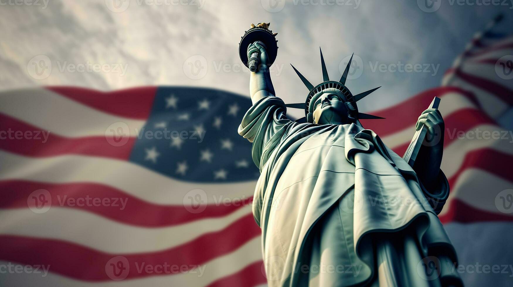 The USA Flag Enhances the Magnificence of the Statue of Liberty. Generative AI photo