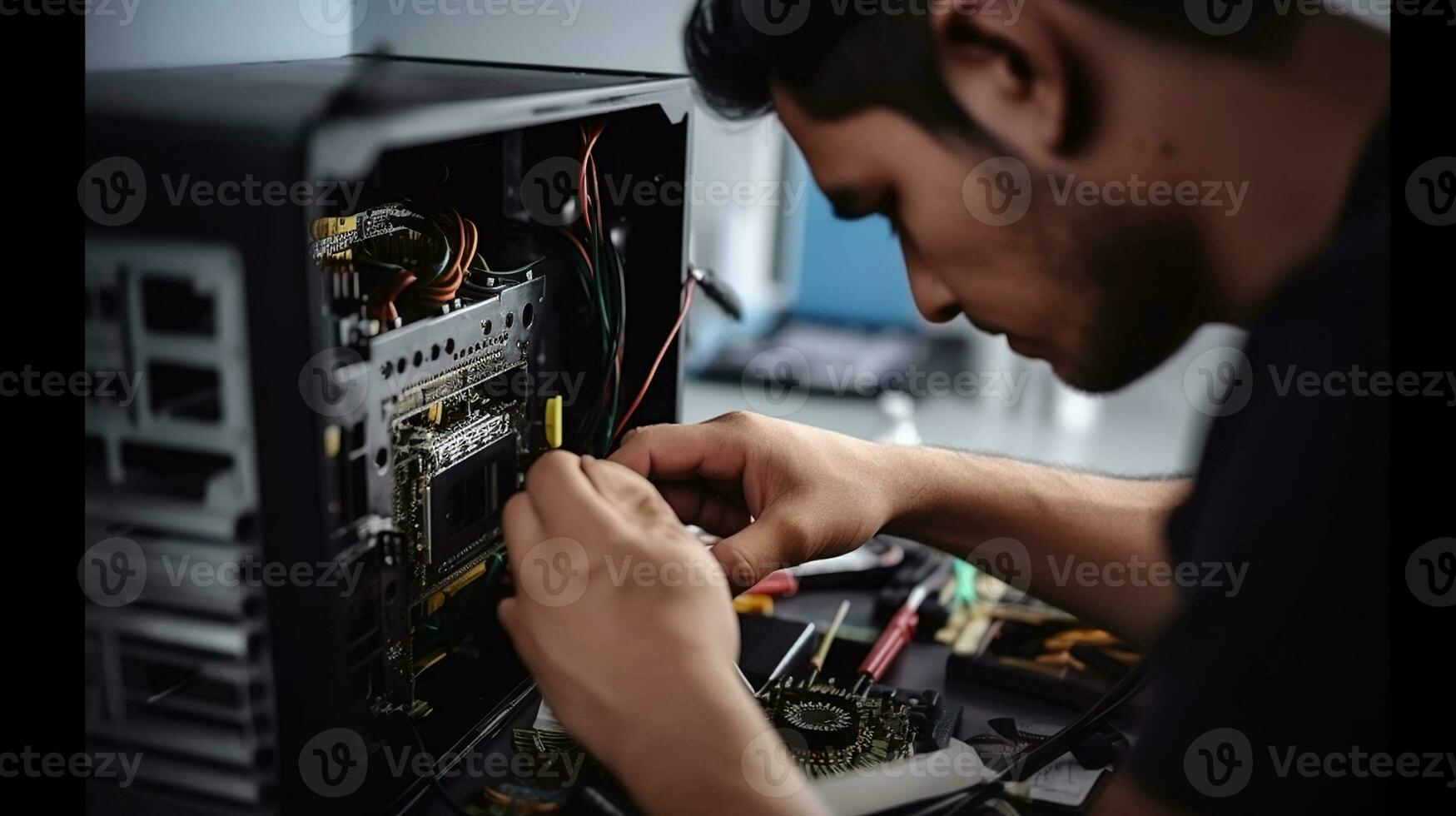 Computer technician, working with screwdriver in service center. Generative AI photo