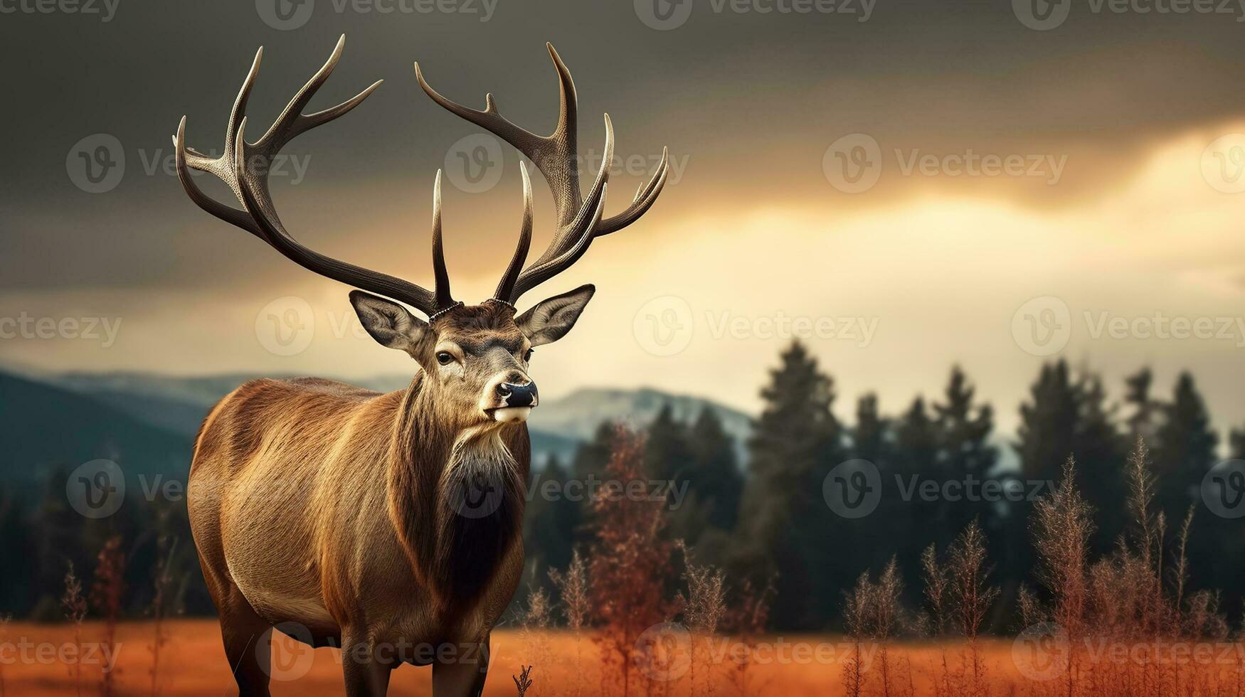 A deer with large antlers standing in a field of grass and trees with a cloudy sky in the background, Generative AI photo