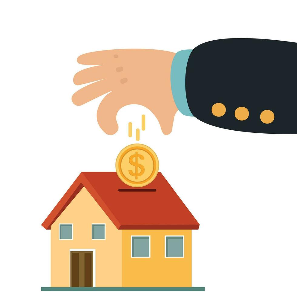 Hand putting coin in house piggy bank vector