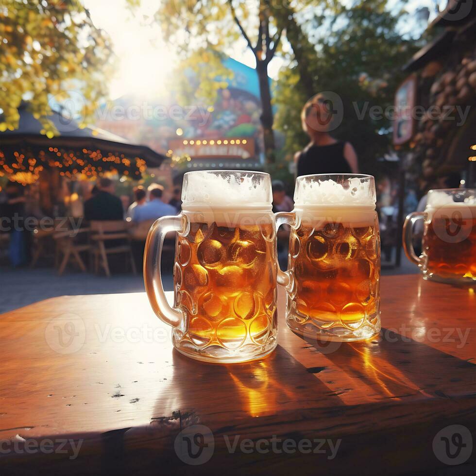 Oktoberfest beer glass on wooden table close up Summer festivals photo