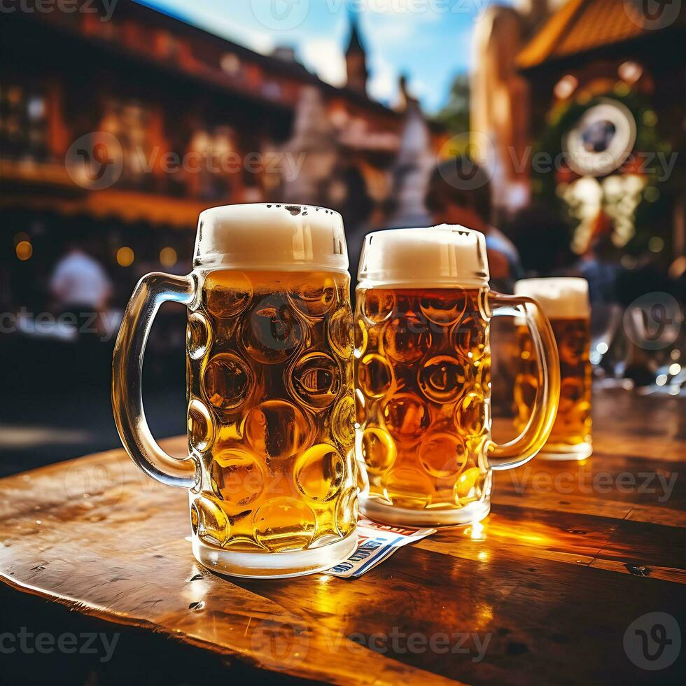 Oktoberfest beer glass on wooden table close up Summer festivals photo