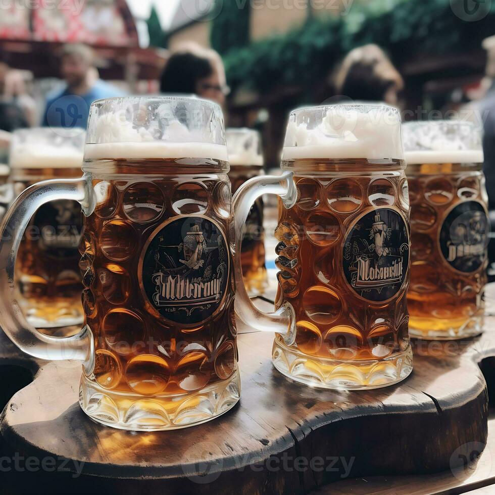 Oktoberfest cerveza vaso en de madera mesa cerca arriba verano festivales foto