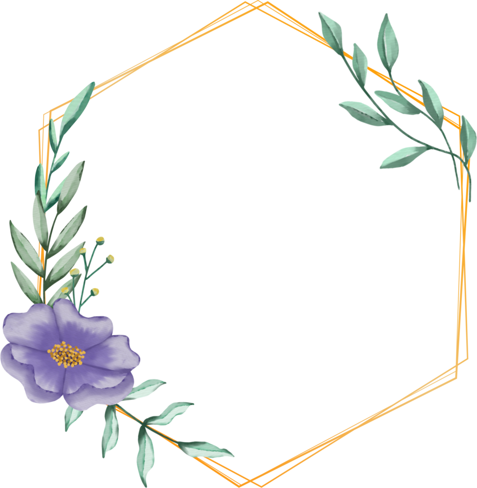 Flower and leaves on gold hexagon frame png
