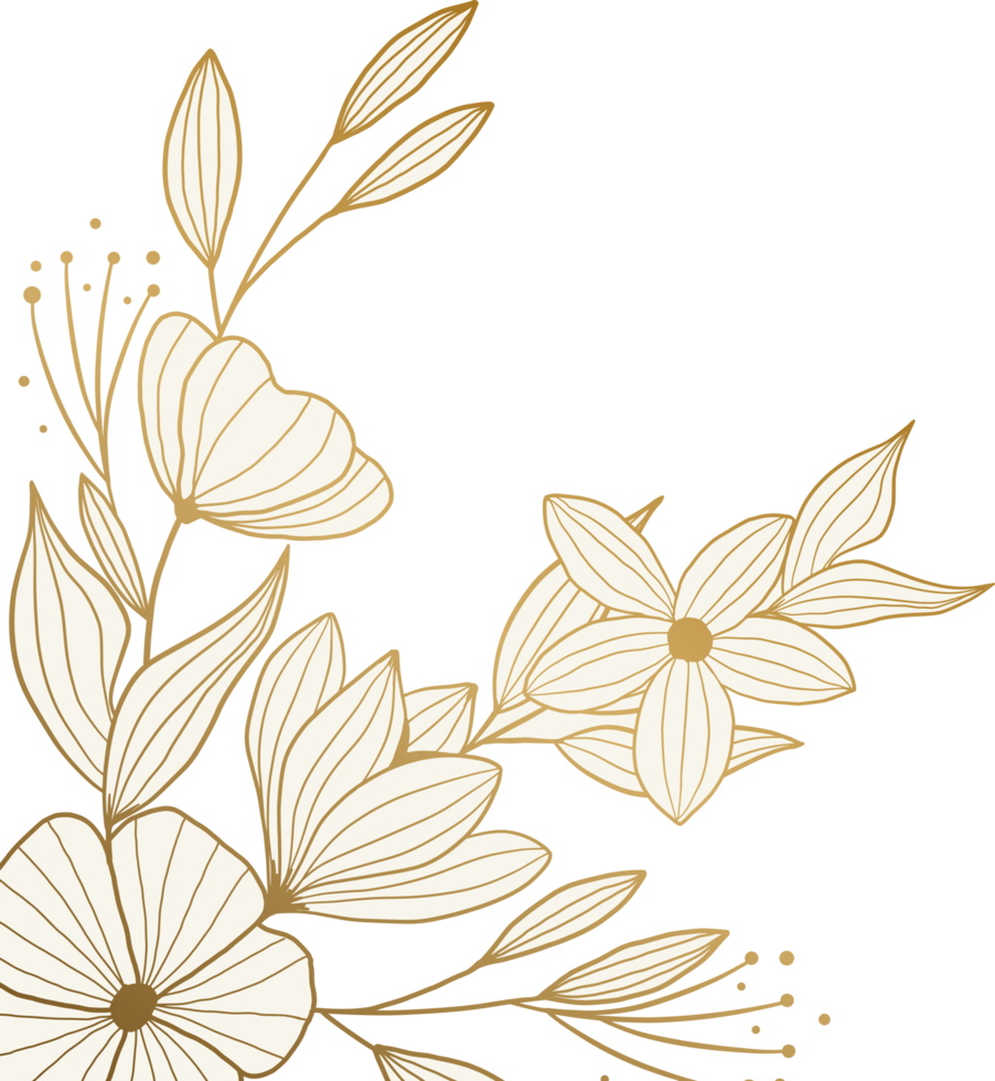 goud bloemen hoek grens met hand- getrokken bladeren en bloemen voor bruiloft of verloving png