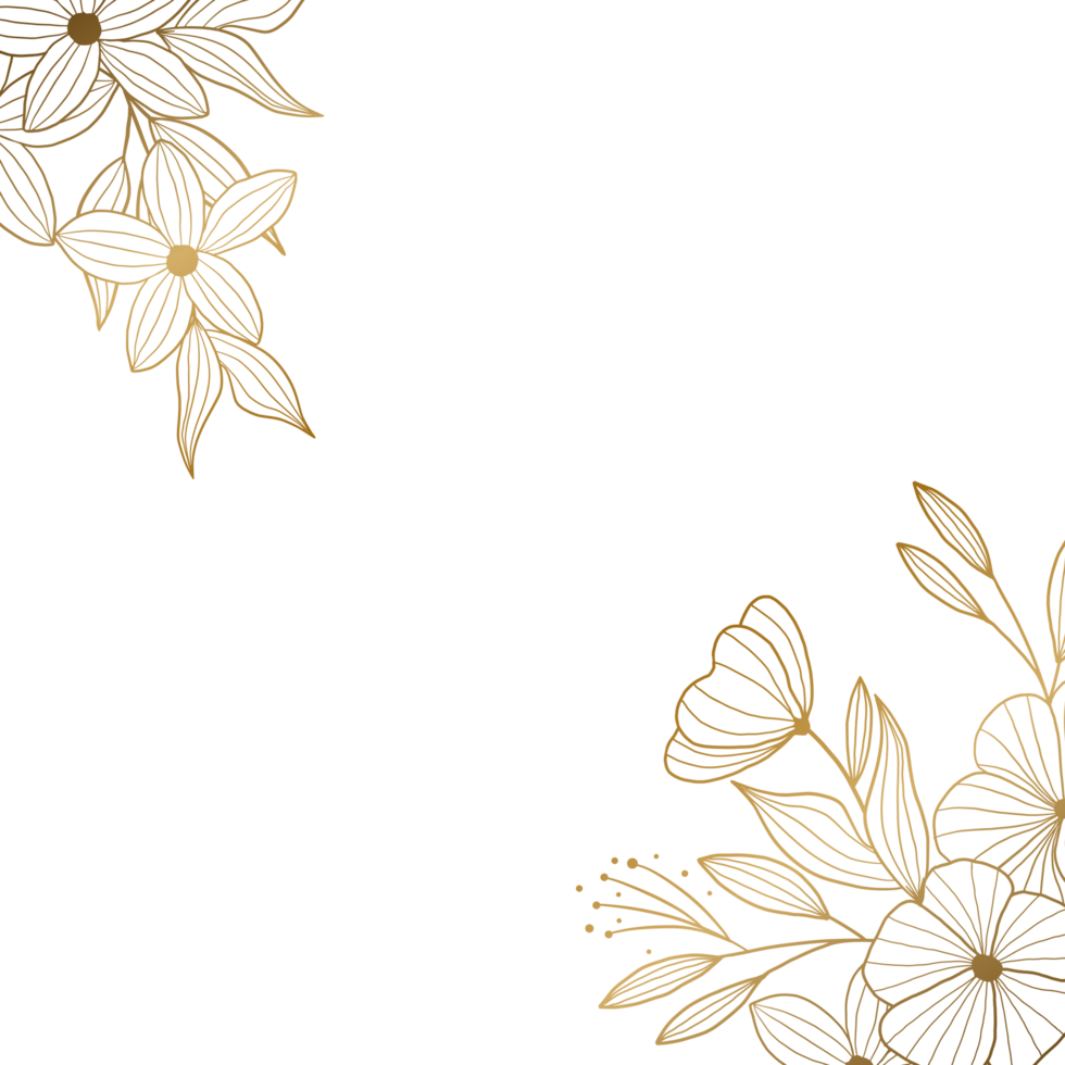 Gold floral corner border with hand drawn leaves and flowers for wedding or engagement png