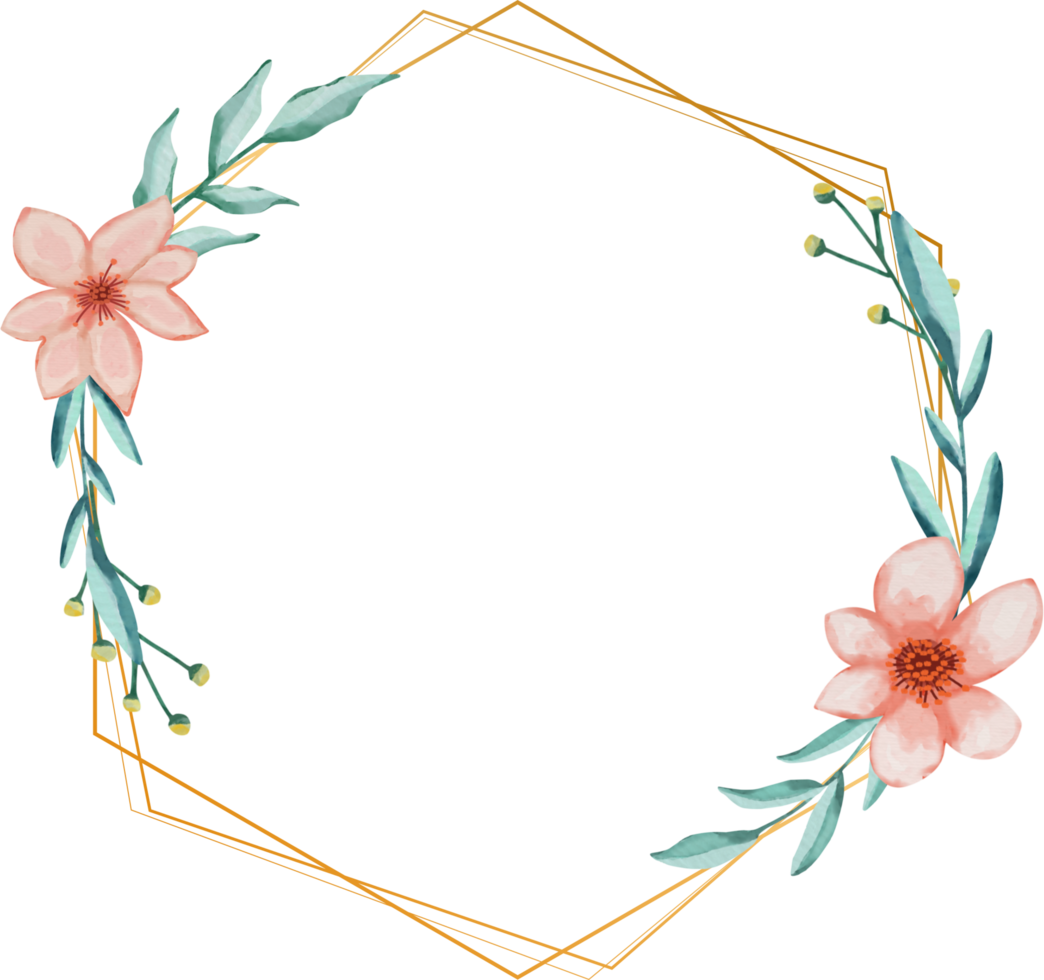 Flower and leaves on gold hexagon frame png