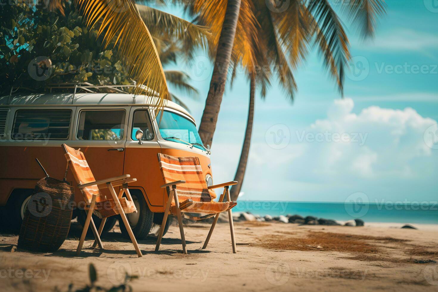 Ready for summer travel. Orange van with palm tree, beach chair and beach accessories. Summer and holiday concept. Ai generative photo