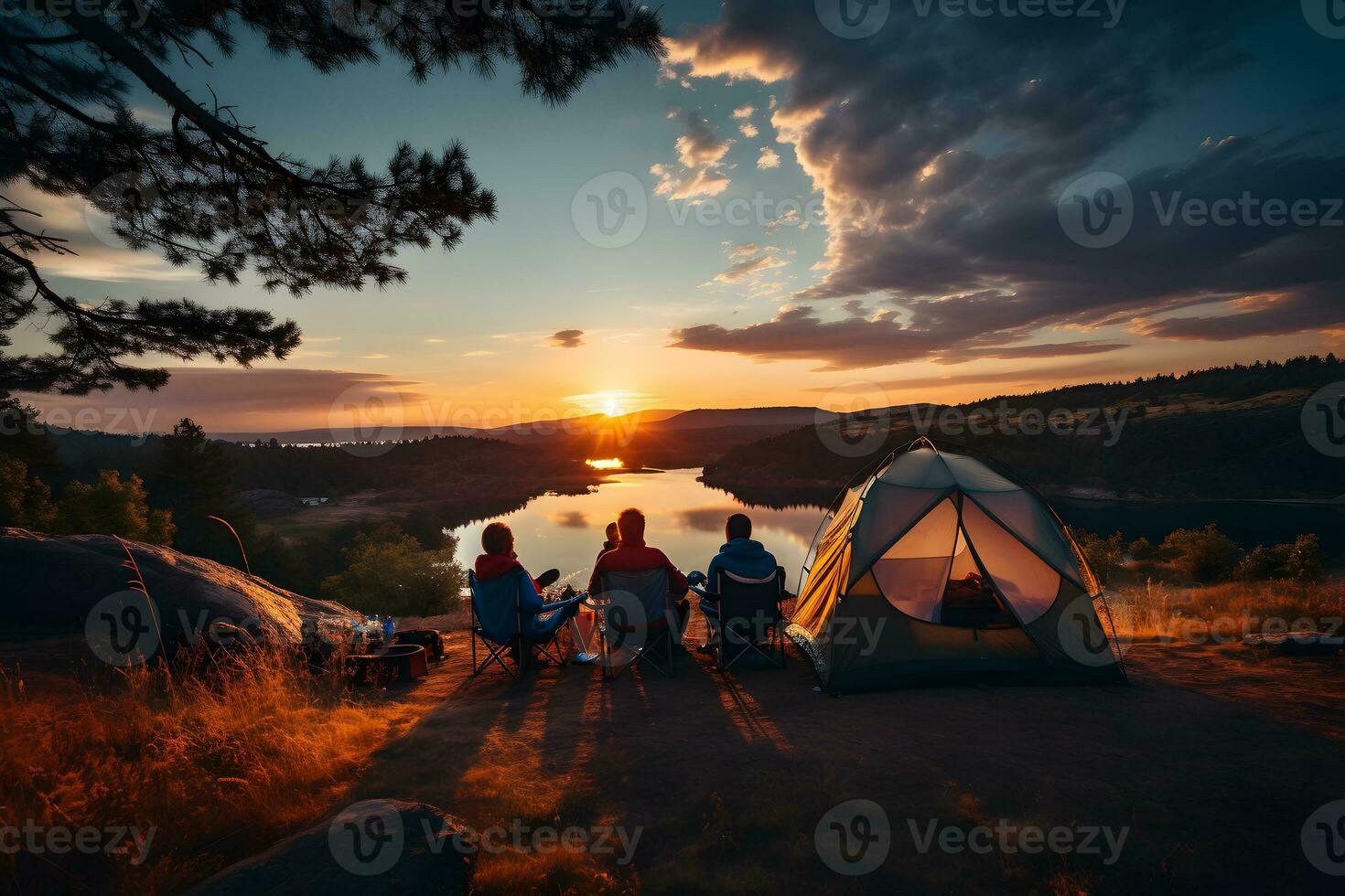 Group of friends sitting together around campfire on the mountains, enjoying fresh air and beautiful view near the tent. Camping, travel, holiday and family trip concept. Ai generative photo