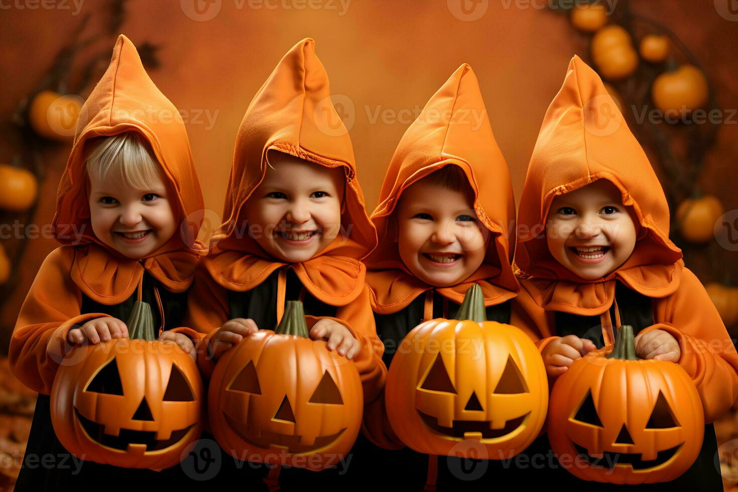 grupo de contento niños disfraces en celebracion de Víspera de Todos los Santos y sostener un calabaza, estudio disparo. ilustración, generativo ai foto