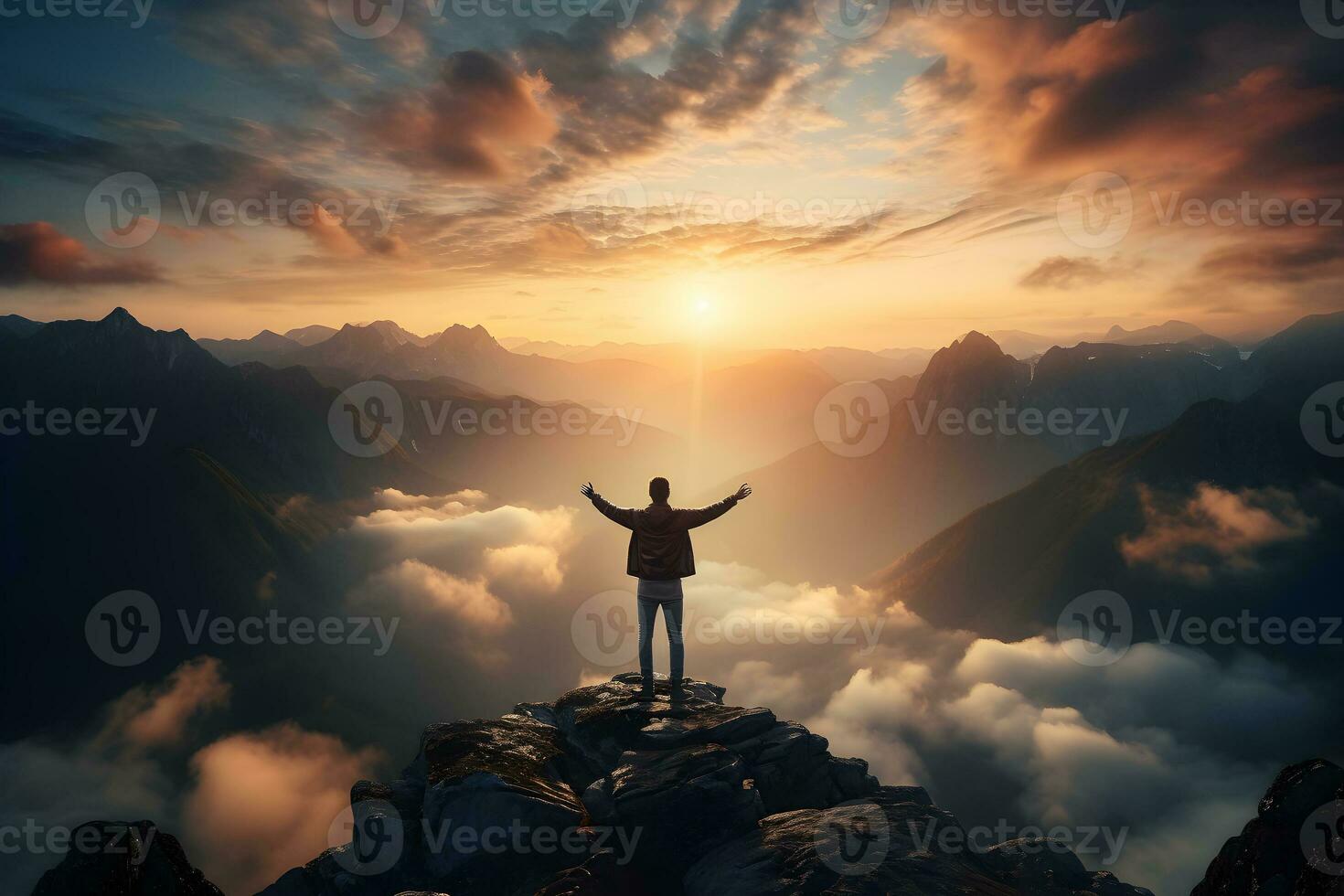 Rear view of traveler man with hands in the air stand on mountain looking on beautiful view with foggy valley and sunbeams at colorful sunset. Generative Ai photo