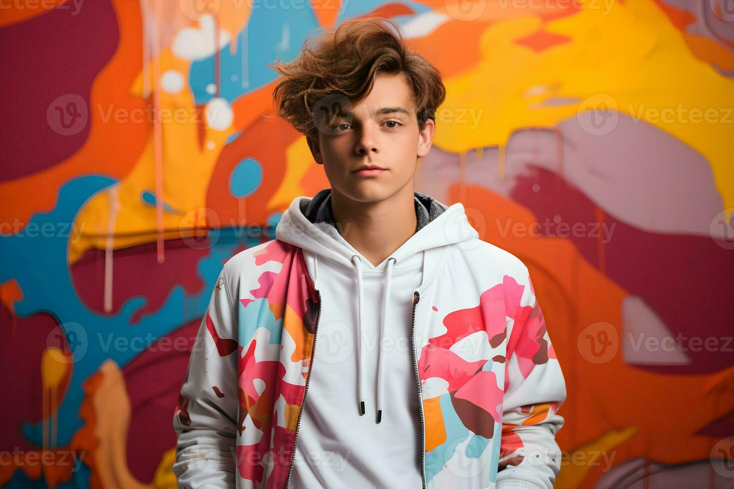 Portrait of handsome confident stylish hipster model man in white jacket. Fashionable male posing in studio over abstract colorful background. Copy space. Generative Ai, illustration photo