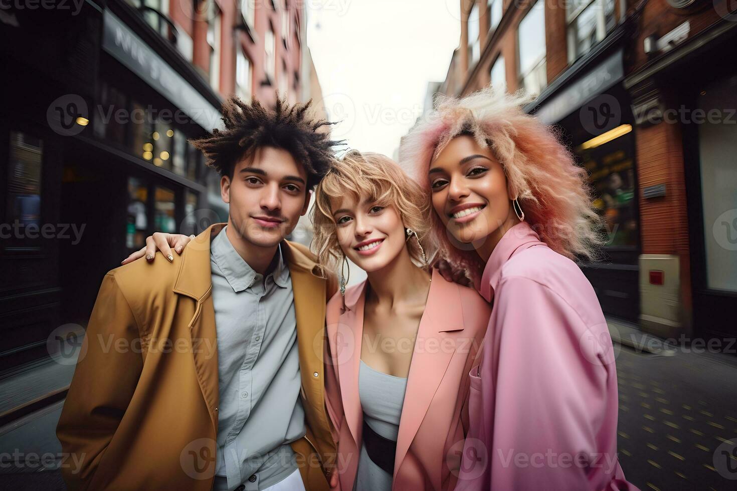 retrato de amigos grupo sonriente en el ciudad. amistad, , estilo de vida concepto. ai generativo foto