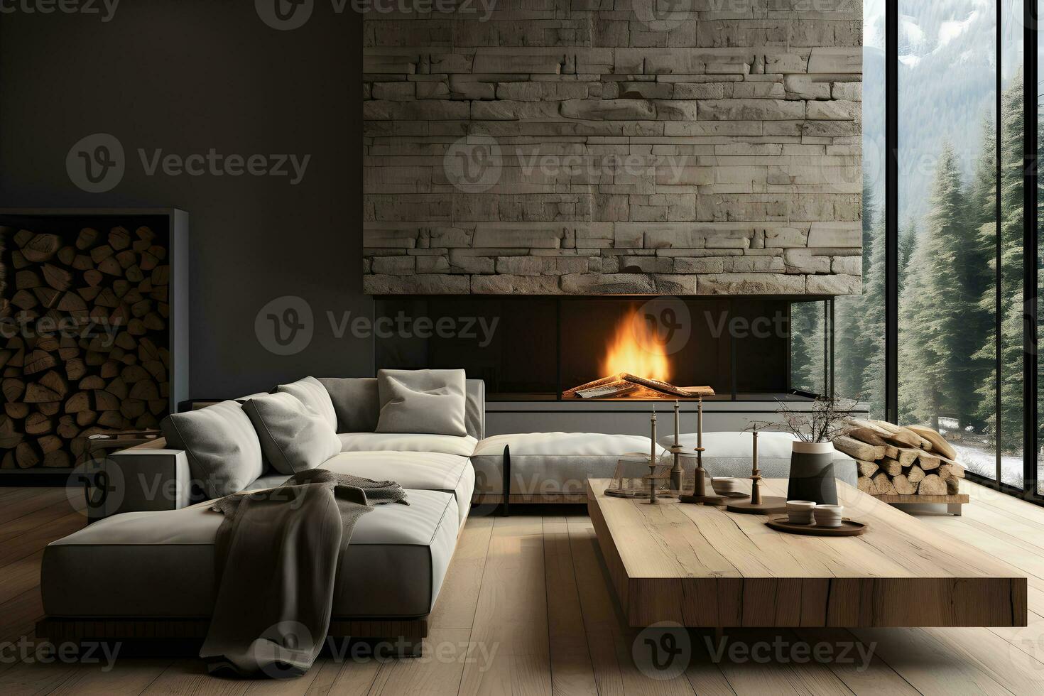 Modern minimalist living room interior with sofa, wooden floor and fireplace in modern home decor. Cozy home, interior concept. Generative Ai, illustration photo