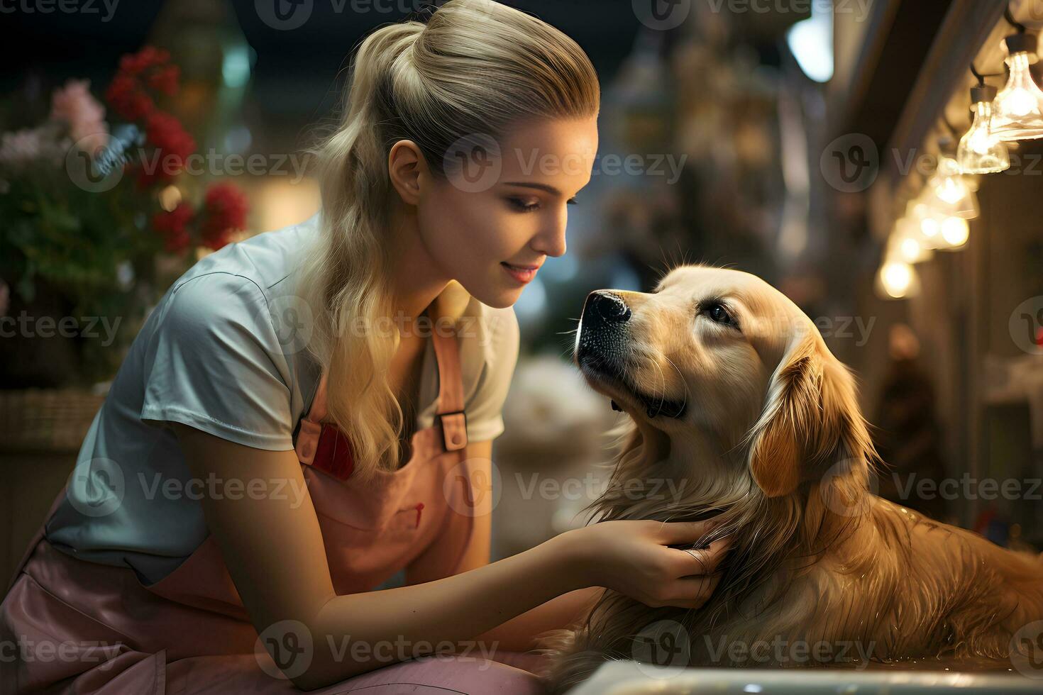 Female washing and cleaning a golden retriever at home. Keeping your animals clean and healthy concept. Generative Ai. photo