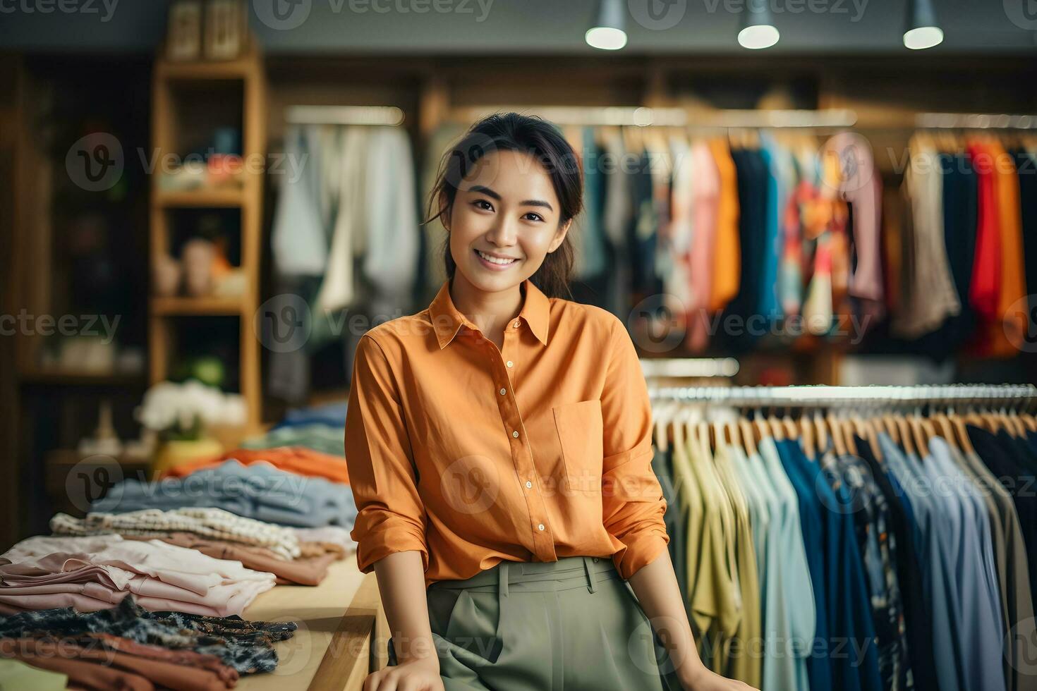 Portrait of smiling young business owner standing on her store. Online selling and e-commerce, SME business concept. Ai generative photo