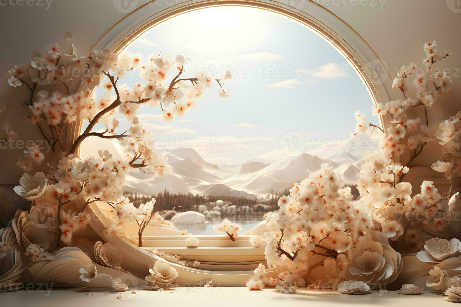 Empty podium display stand with blossom flower on background. Podium  product presentation and beautiful view on background. Ai generative photo