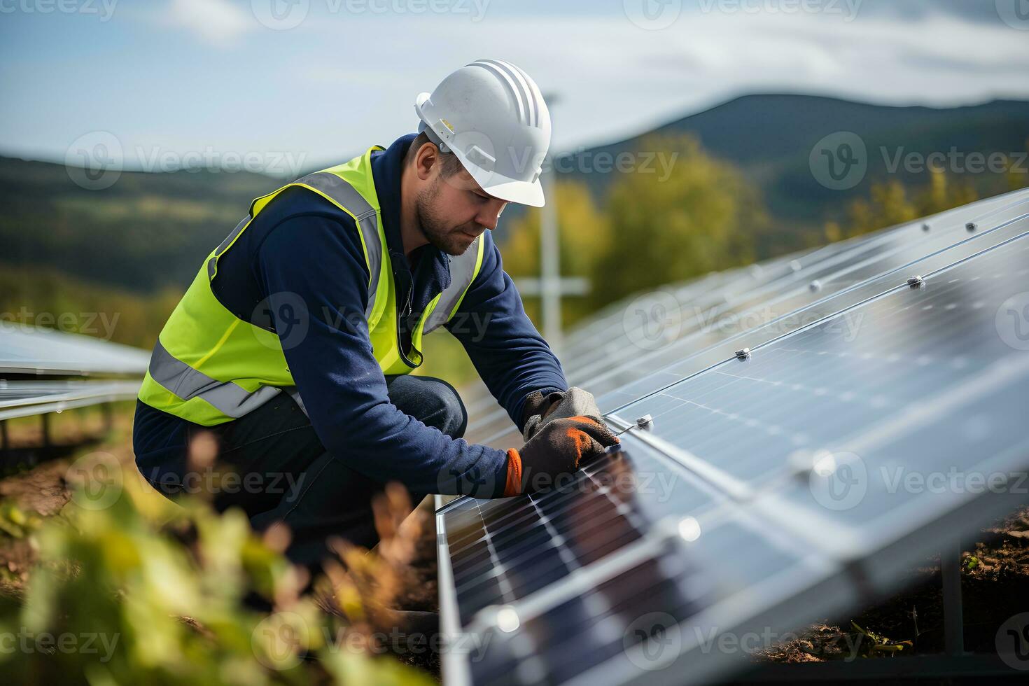 Servicio ingeniero trabajando inspección instalación solar panel en el techo. técnico mantenimiento solar célula en techo fábrica o hogar. tecnología solar energía renovable, generativo ai foto