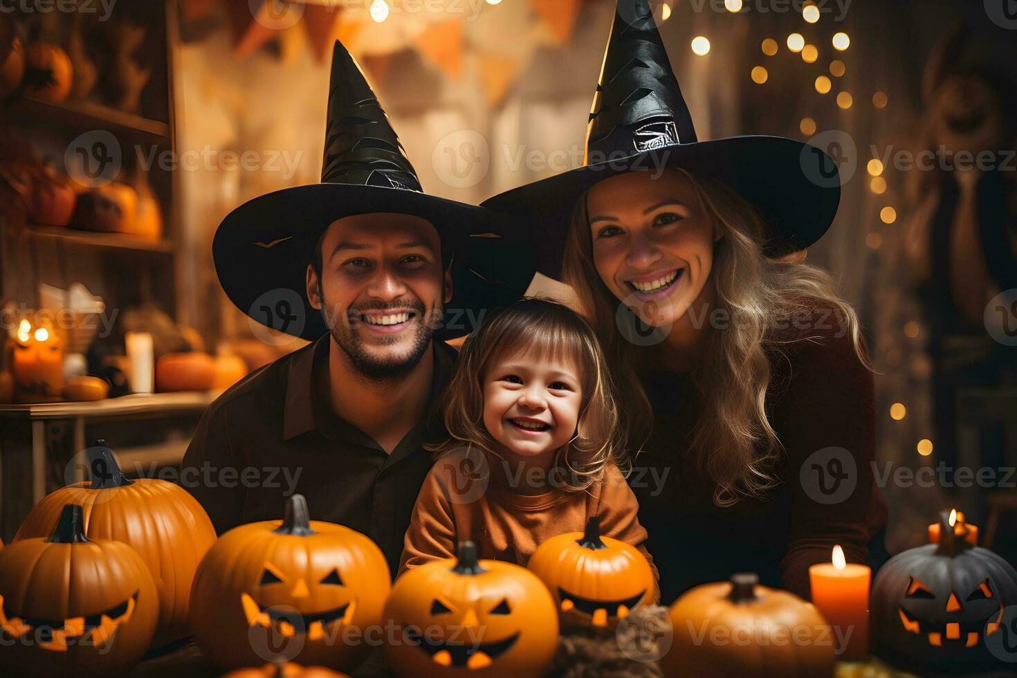 Happy family parents and children in costumes in celebration of Halloween. Generative Ai, illustratin photo