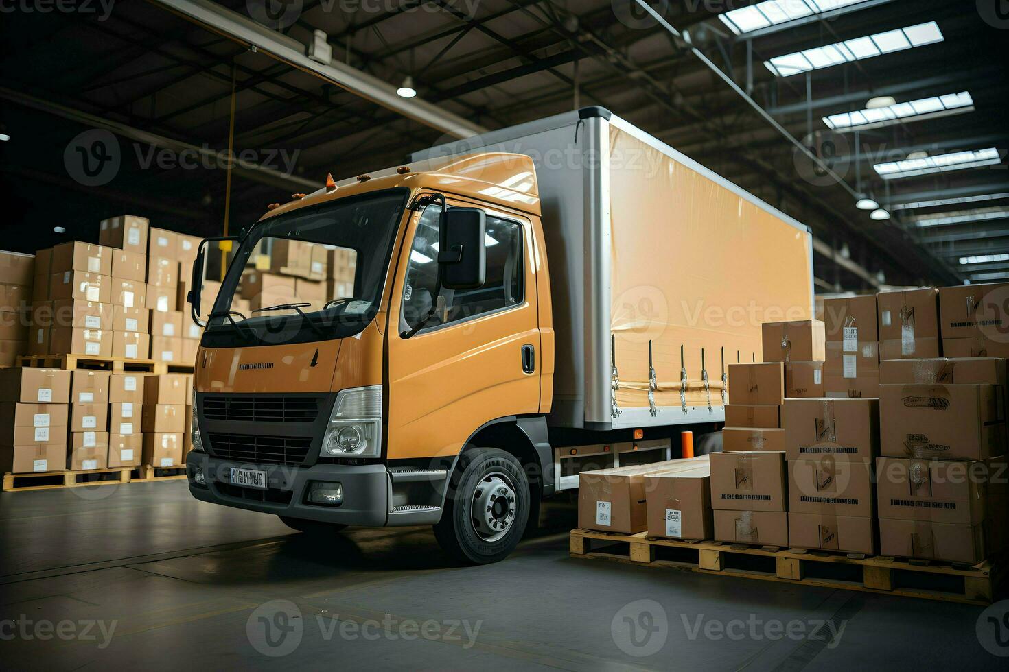 Loading cargo for trucks, distribution warehouses and industrial transport logistics loading cardboard boxes into trucks. Logistics and Distribution Facility for Product Delivery. Generative Ai photo