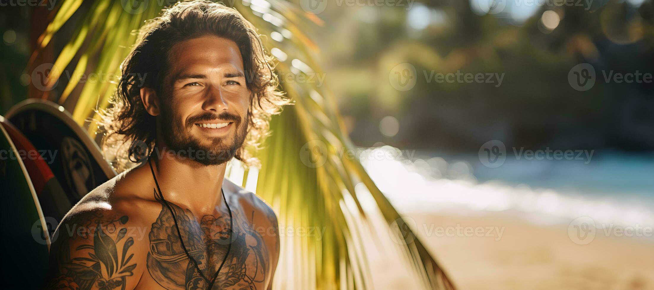 Portrait of handsome and smart man standing at the beach. Young smiling sportsman on vacation enjoy sea breeze and looking at view. Summer and holiday concept. Generative AI photo