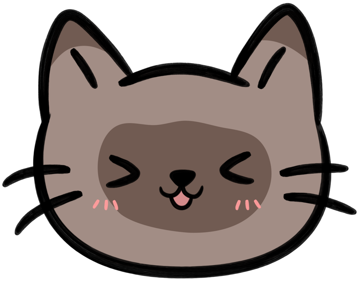Smiling brown siamese cat face flat style hand drawn cartoon element illustration png