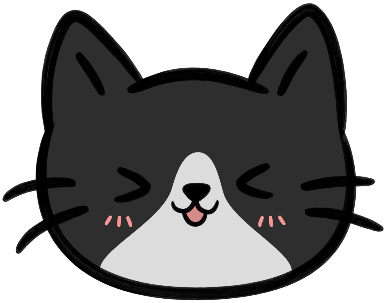 Smiling black cat face flat style hand drawn cartoon element illustration png