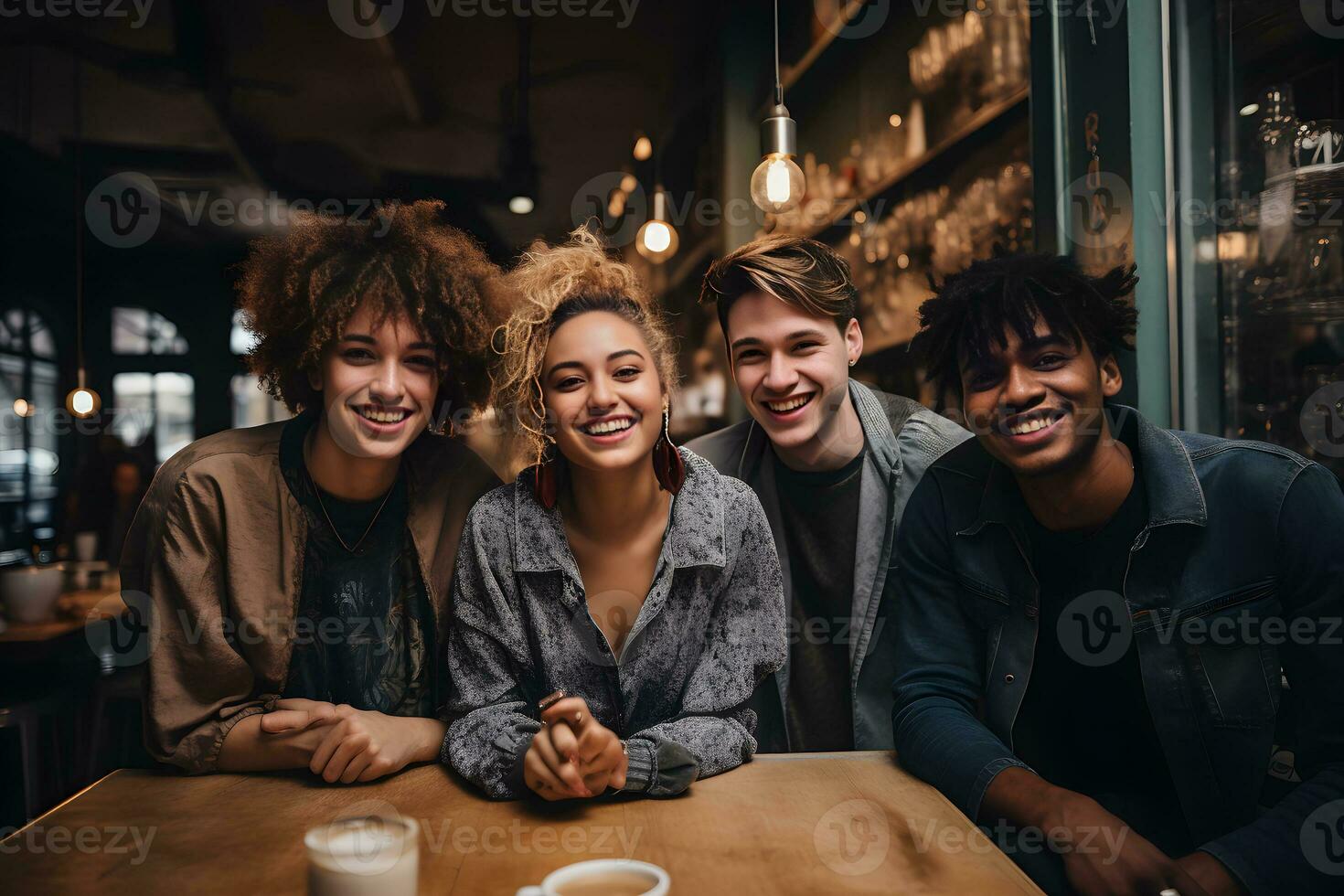 multirracial grupo de contento amigos son hablando y teniendo divertido en fines de semana en café tienda. amigo día, diversidad, estilo de vida concepto. generativo ai foto