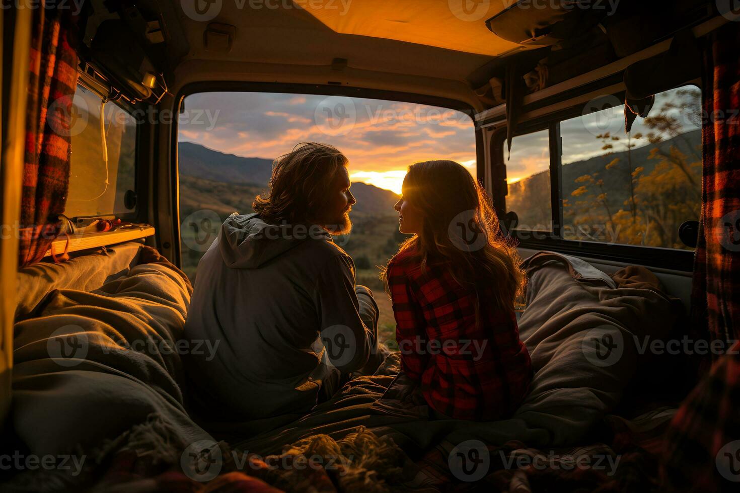 Young couple enjoy they vacation with beautiful landscape view on camper van. Road trip, Camper car, traveling on vacation concept. Generative Ai photo