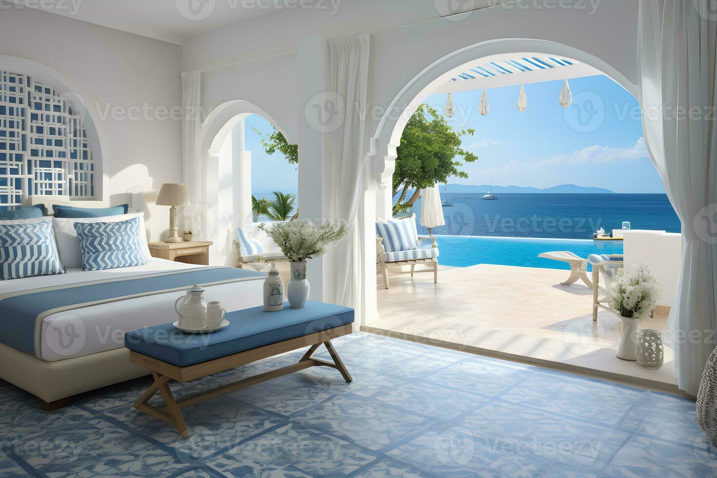 Sea view bedroom with comfy bed for excellent sleep, white wall, natural light and private pool in luxury beach house or modern villa. Home interior, tropical resort concept. Generative Ai photo