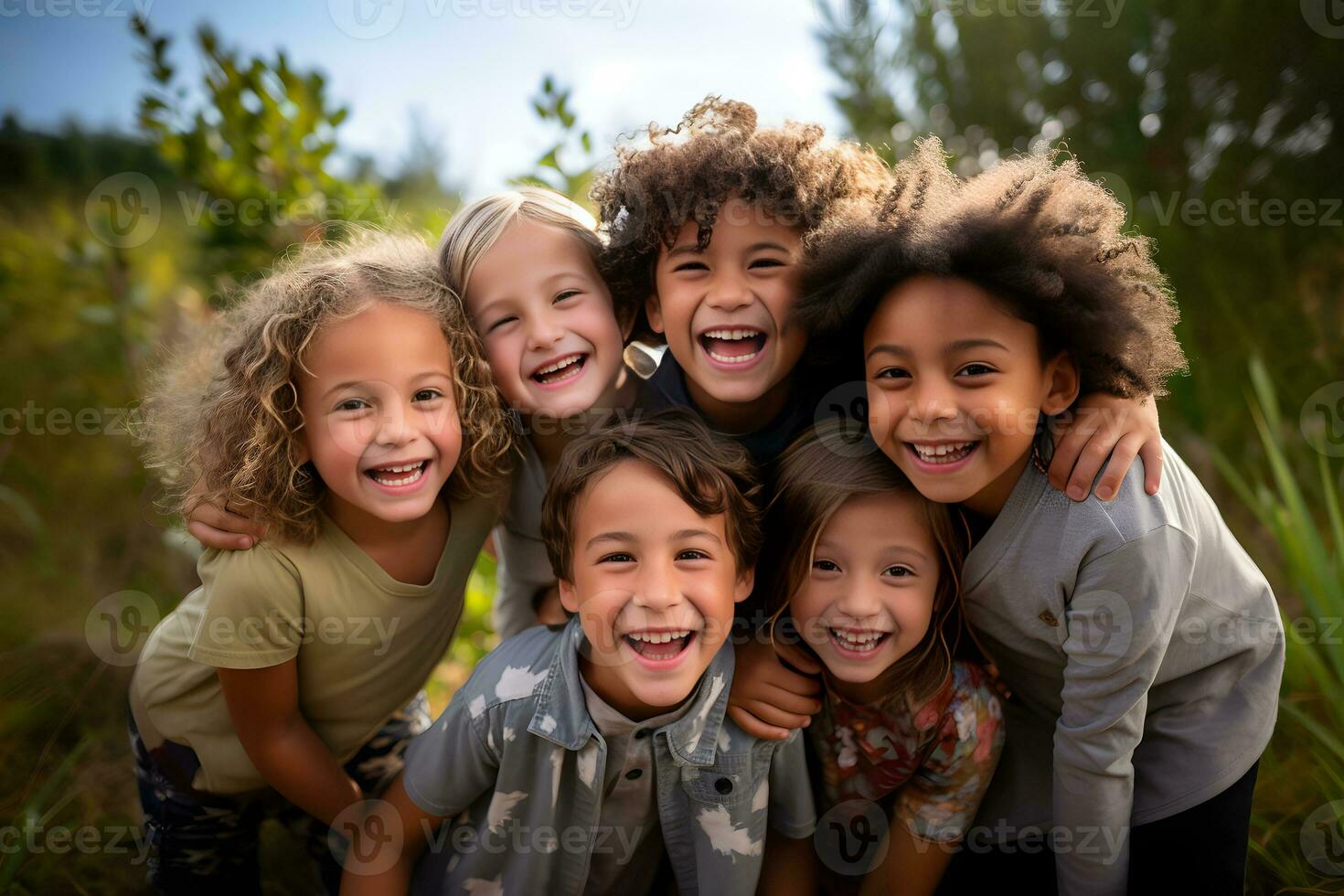 Happy multinational children hugging and smiling for the camera. Cute boy and girl looking at the camera. Friend, diversity concept. Ai generative photo