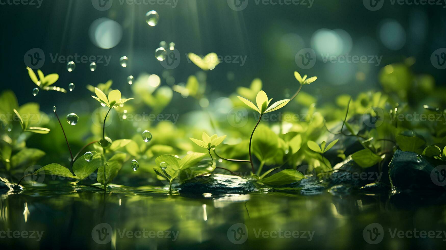 Green leaves in the garden during summer under sunlight with bokeh. and water drop. Nature of green leaf in park. Spring background cover page environment ecology or greenery wallpaper. Ai generative photo