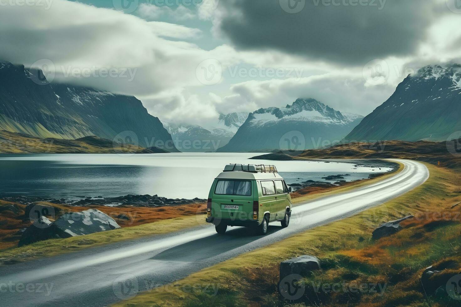 Campervan on the road with beautiful nature landscape. Motorhome camper van RV road trip. People on travel vacation adventure. Ai generative photo