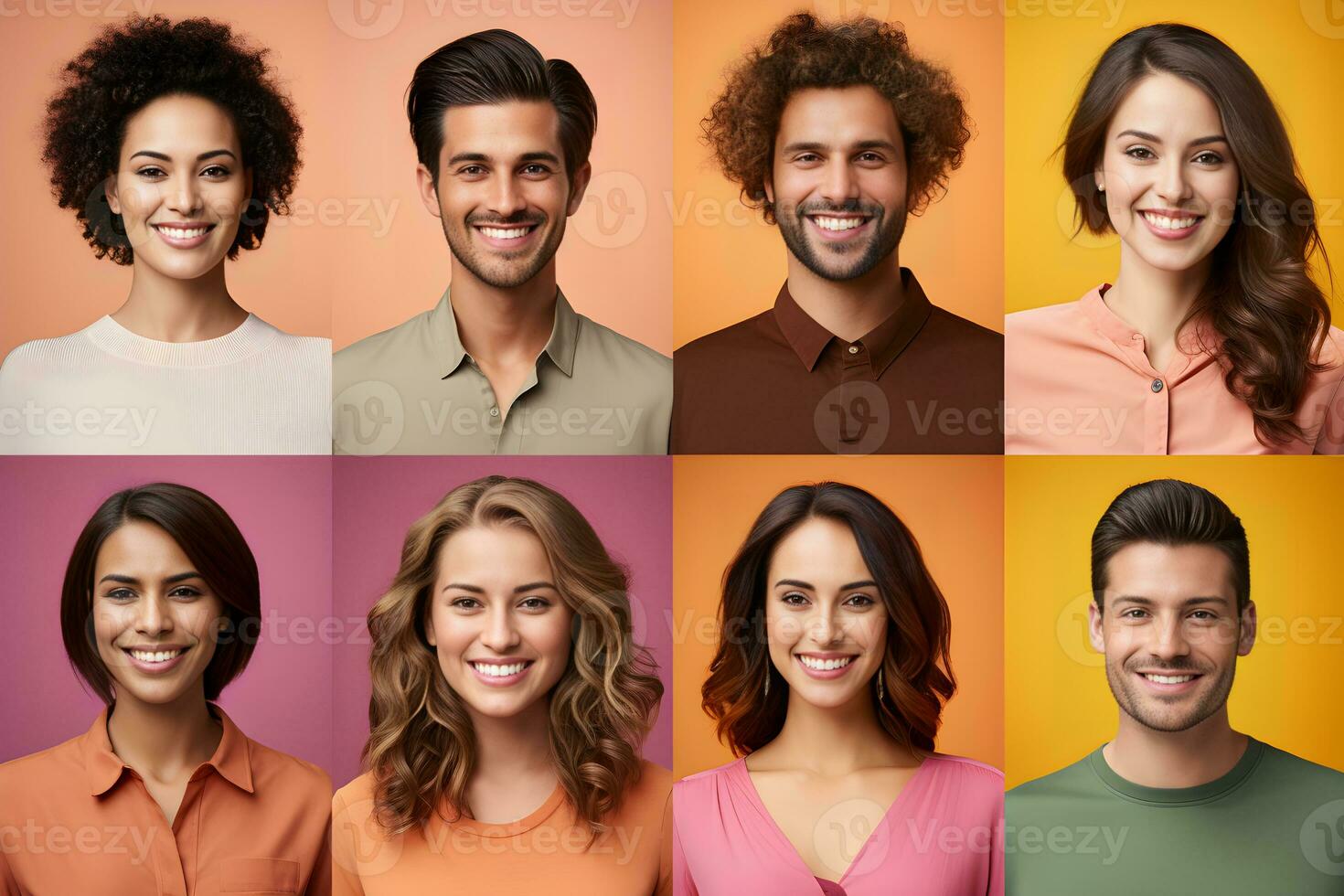 Collage of portraits and faces of smiling multiracial group of various young diverse people for profile picture on colorful background. Diversity concept. Generative Ai. photo