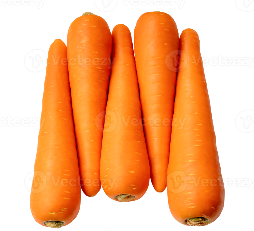 Top view of fresh orange carrots in stack isolated with clipping path in png file format Close up of healthy vegetable root