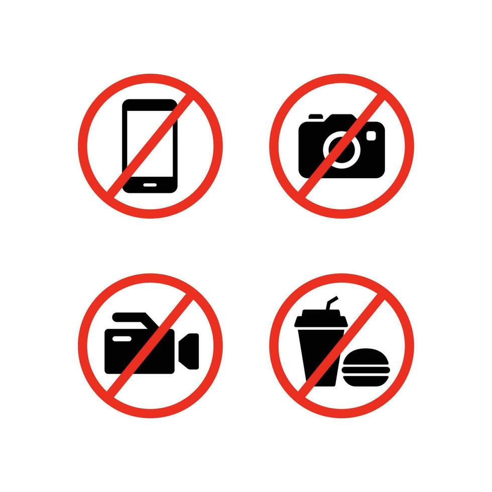 prohibición No cámara, No móvil teléfono, No vídeo grabación, No comida y bebida letrero icono. plano estilo. prohibido detener rápido comida advertencia signo. vector ilustración diseño en blanco antecedentes. eps 10