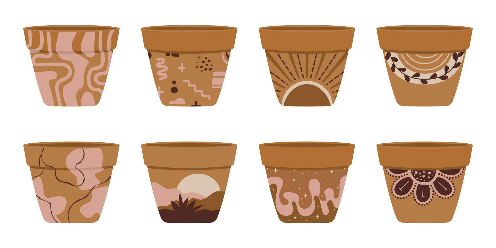 colección de vacío terracota flor ollas para casa plantas. cerámico maceta decorado con pintado a mano memphis estilo. vector