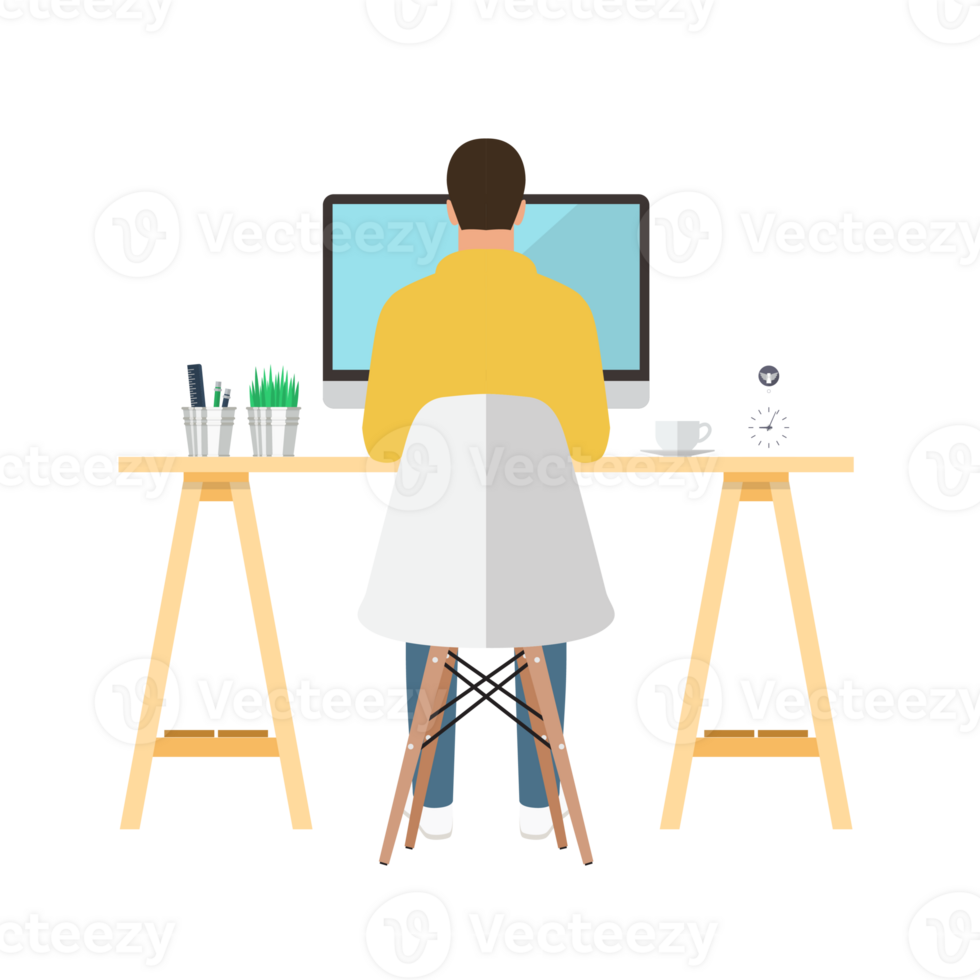 Man is working on computer at home png